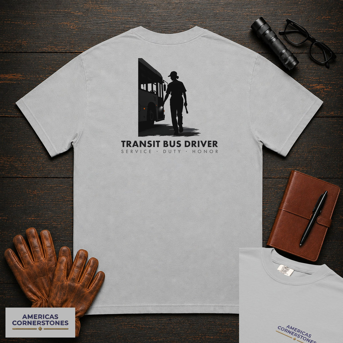 Transit Bus Driver embroidered t-shirt in Granite, Depot Walkaround (Female)