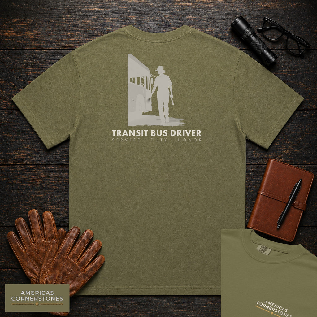 Transit Bus Driver embroidered t-shirt in Hemp, Depot Walkaround (Female)