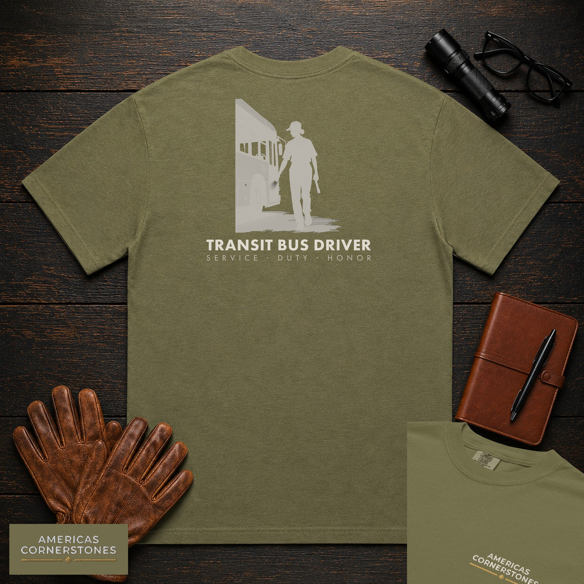 Transit Bus Driver embroidered t-shirt in Hemp, Depot Walkaround (Female)
