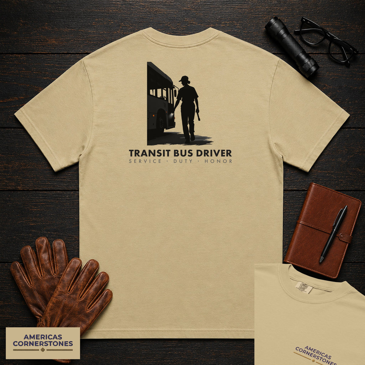 Transit Bus Driver embroidered t-shirt in Khaki, Depot Walkaround (Female)