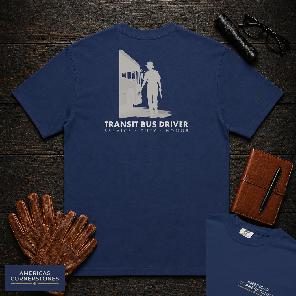 Transit Bus Driver embroidered t-shirt in True Navy, Depot Walkaround (Female)
