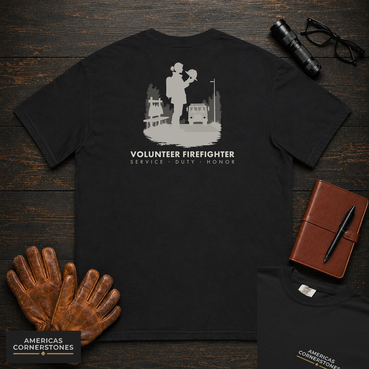 Volunteer Firefighter embroidered t-shirt in Black, Gear Check (Female)