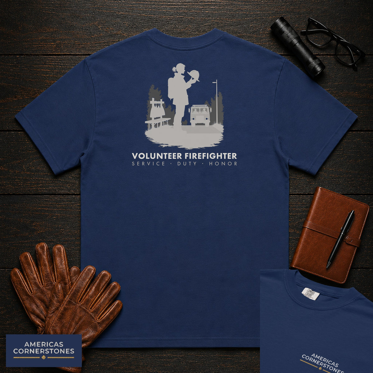 Volunteer Firefighter embroidered t-shirt in True Navy, Gear Check (Female)