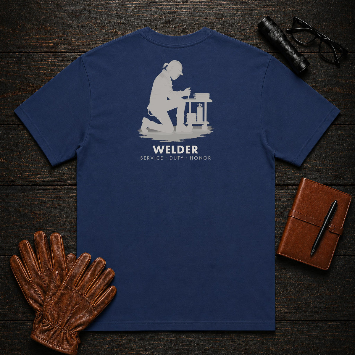Welder t-shirt in True Navy, Clamping the Parts (Female)