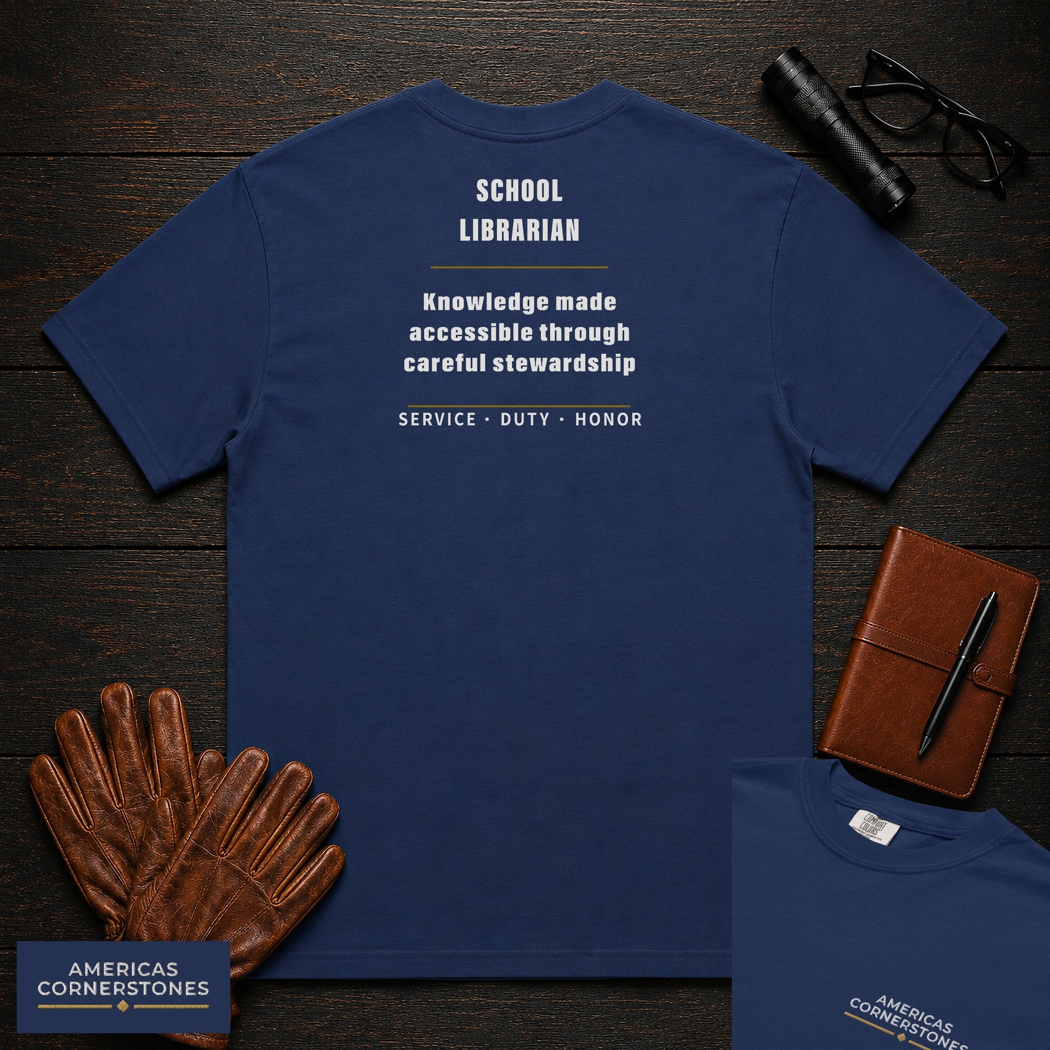 School Librarian Statement T-Shirt in True Navy — Americas Cornerstones