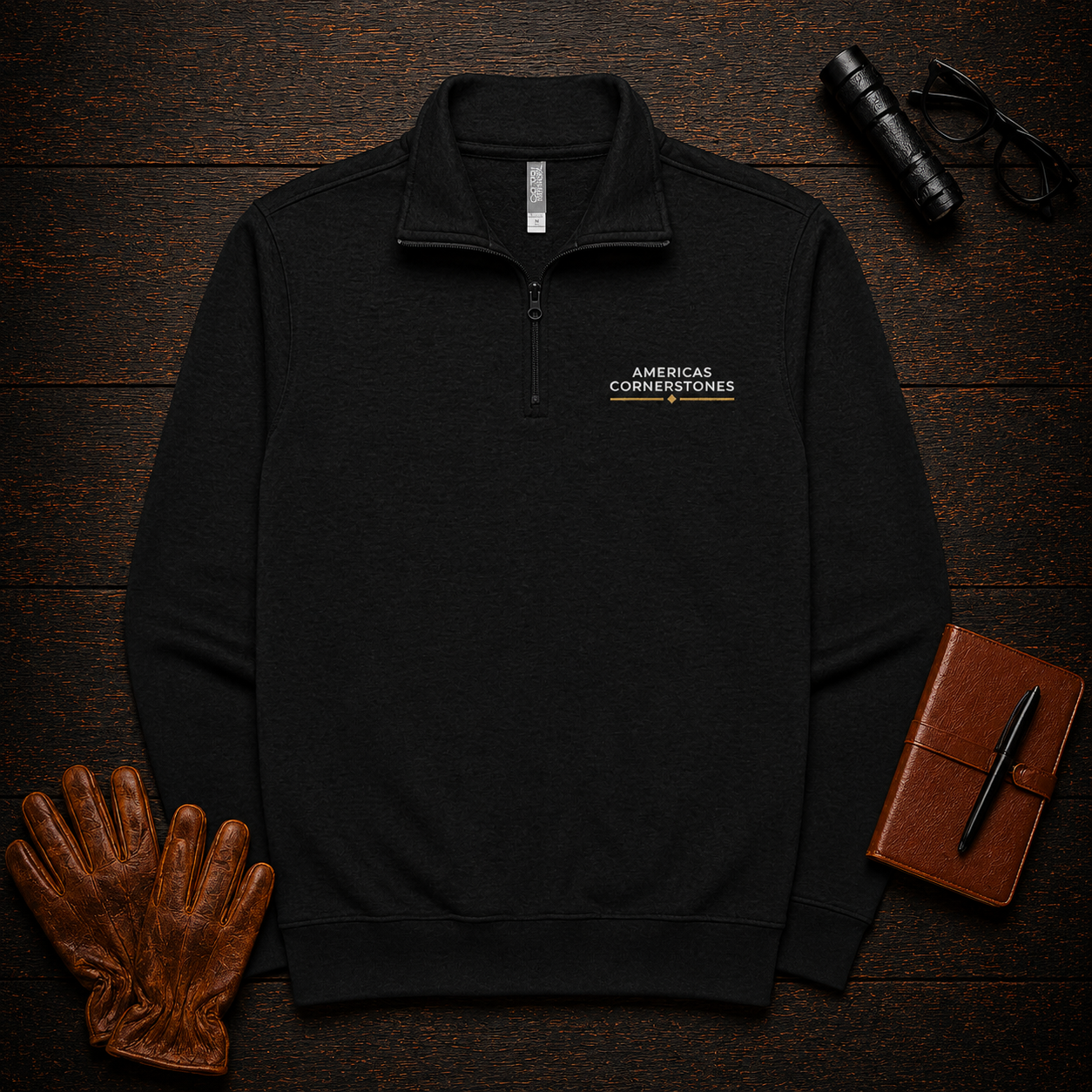 Quarter-Zip Fleece Pullover in Black, front view — Americas Cornerstones