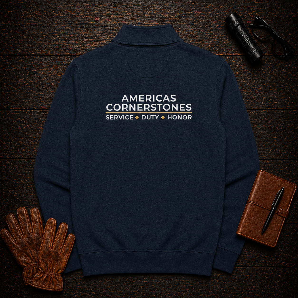 Quarter-Zip Fleece Pullover in Navy, back view — Americas Cornerstones